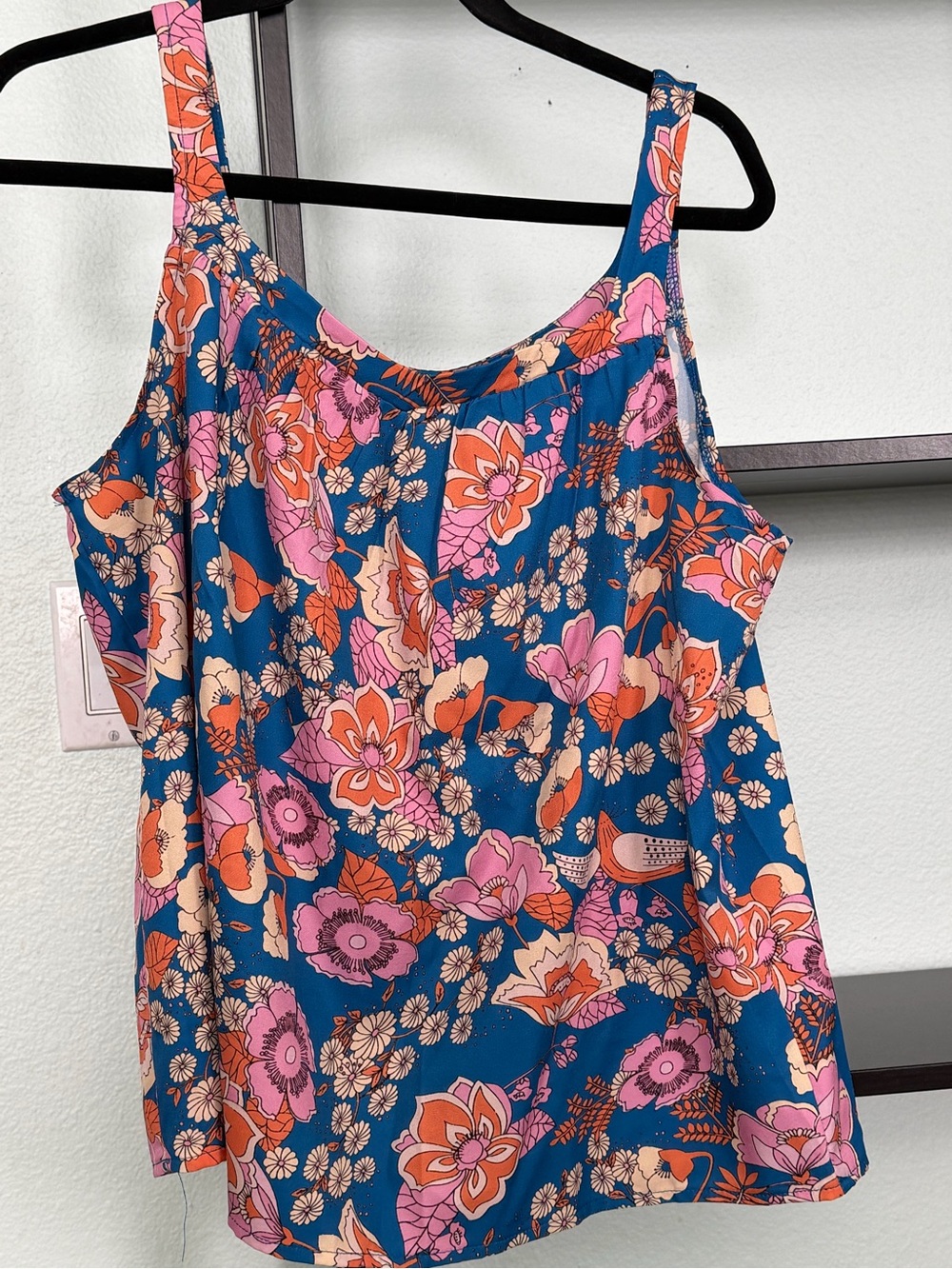 Floral Scoop Tank Top in Blue with Pink & Orange Flowers - Picture 2 of 3